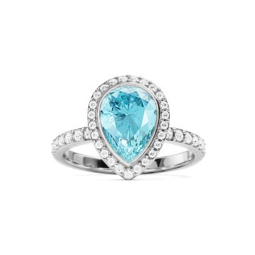 Halo Teardrop Statement Ring with Aquamarine Crystals Rhodium Plated