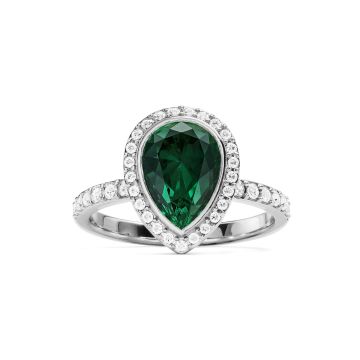 Halo Teardrop Statement Ring with Emerald Crystals Rhodium Plated