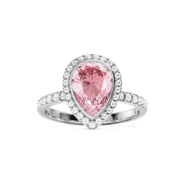 Halo Teardrop Statement Ring with Light Rose Crystals Rhodium Plated
