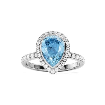 Halo Teardrop Statement Ring with Light Sapphire Crystals Rhodium Plated