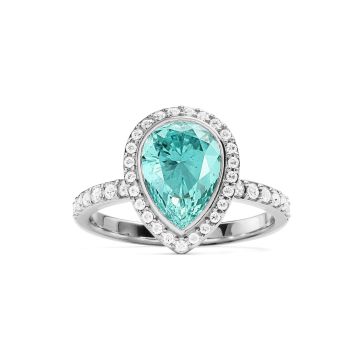 Halo Teardrop Statement Ring with Light Turquoise Crystals Rhodium Plated