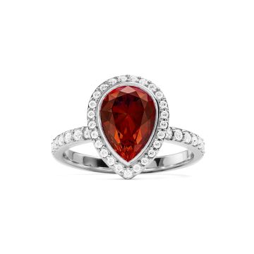 Halo Teardrop Statement Ring with Ruby Crystals Rhodium Plated