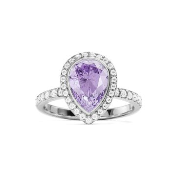 Halo Teardrop Statement Ring with Violet Crystals Rhodium Plated