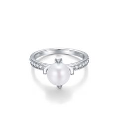White Crystal Pearl Solitaire Ring with Swarovski Crystals Rhodium Plated