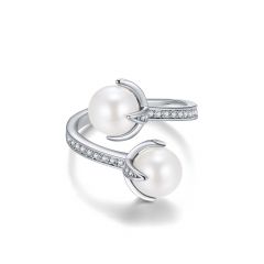 Interlooped White Crystal Pearl Statement Ring Rhodium Plated