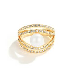 Cradle Ring with White Crystal Pearl Gold Plated