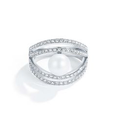 Cradle Ring with White Crystal Pearl Rhodium Plated