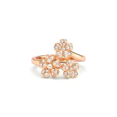 Cherry Blossom Flower Open Cocktail Ring Clear Crystals Pave Rose Gold Plated