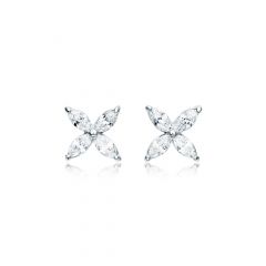 Victoria Flower Marquise CZ Stud Earrings Rhodium Plated
