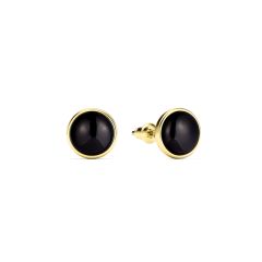 Round Petite Cabochon Black Onyx Stud Earrings Gold Plated