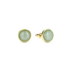 Round Petite Cabochon Green Aventurine Stud Earrings Gold Plated