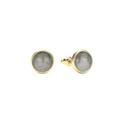 Round Petite Cabochon Grey Moonstone Stud Earrings Gold Plated