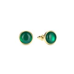 Round Petite Cabochon Green Onyx Stud Earrings Gold Plated