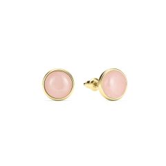 Round Petite Cabochon Rose Quartz Stud Earrings Gold Plated