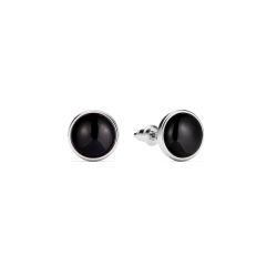 Round Petite Cabochon Black Onyx Stud Earrings Rhodium Plated