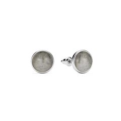 Round Petite Cabochon Grey Moonstone Stud Earrings Rhodium Plated