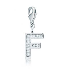 Letter F Initial Charm with Cubic Zirconia Rhodium Plated