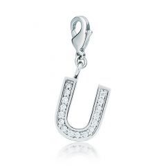 Letter U Initial Charm with Cubic Zirconia Rhodium Plated