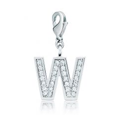 Letter W Initial Charm with Cubic Zirconia Rhodium Plated