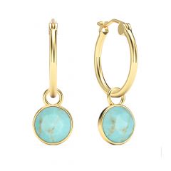 Round Rose Cut Turquoise 18mm Hoop Drop Earrings Gold Plated