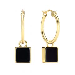 Square Black Onyx 18mm Hoop Drop Earrings Gold Plated