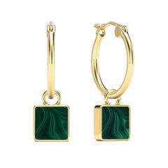 Square Malachite 18mm Hoop Drop Earrings Gold Plated